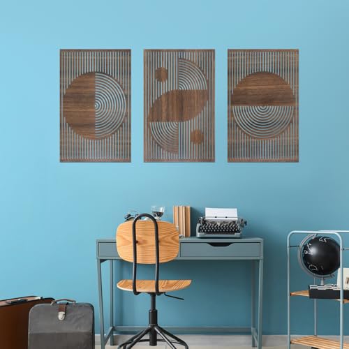 Yerliker 3 Pcs Mid Century Modern Wood Wall Art Decorations 3D Geometric Abstract Wall Sculpture for Living Room Bedroom Office Minimalist Aesthetic (Mid-century Modern,15.75 x 15.75 x 1.97 Inch)