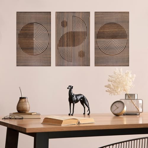 Yerliker 3 Pcs Mid Century Modern Wood Wall Art Decorations 3D Geometric Abstract Wall Sculpture for Living Room Bedroom Office Minimalist Aesthetic (Mid-century Modern,15.75 x 15.75 x 1.97 Inch)