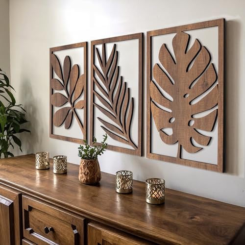 Modern Wooden Wall Sculptures - Set of 3 - Home Decor Accent - Large Wall Art for Living Room, Bedroom, Office - Easy Installation