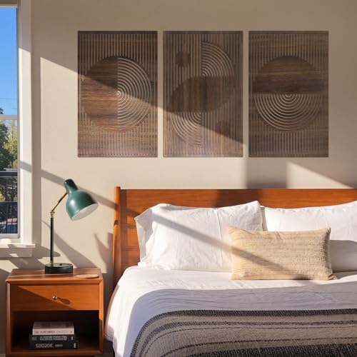 Yerliker 3 Pcs Mid Century Modern Wood Wall Art Decorations 3D Geometric Abstract Wall Sculpture for Living Room Bedroom Office Minimalist Aesthetic (Mid-century Modern,15.75 x 15.75 x 1.97 Inch)