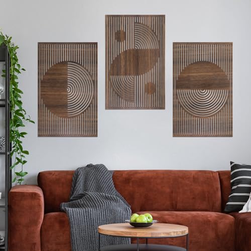 Yerliker 3 Pcs Mid Century Modern Wood Wall Art Decorations 3D Geometric Abstract Wall Sculpture for Living Room Bedroom Office Minimalist Aesthetic (Mid-century Modern,15.75 x 15.75 x 1.97 Inch)